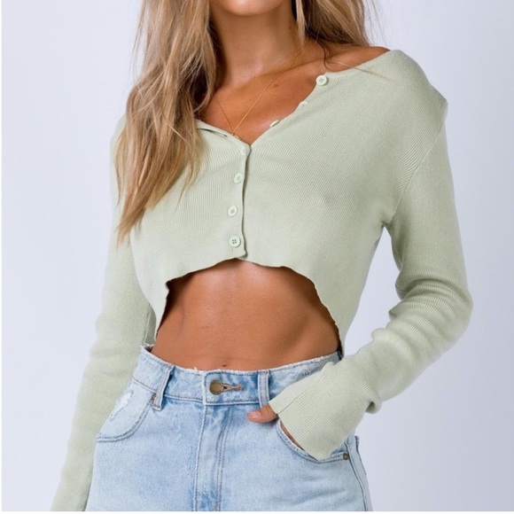 Princess Polly Long Sleeve Cropped Sweater - Pale Green - Picture 1 of 6